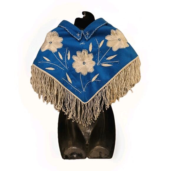 Vintage Youth 70s Embroidered Mexican Poncho/Cape Wool Tassel Fringe Teal - Picture 2 of 8